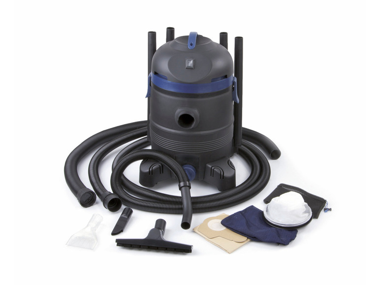 Stofzuiger met accessoires, waaronder een slang, borstel en zakken.