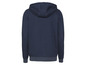 Een donkerblauwe hoodie met capuchon.