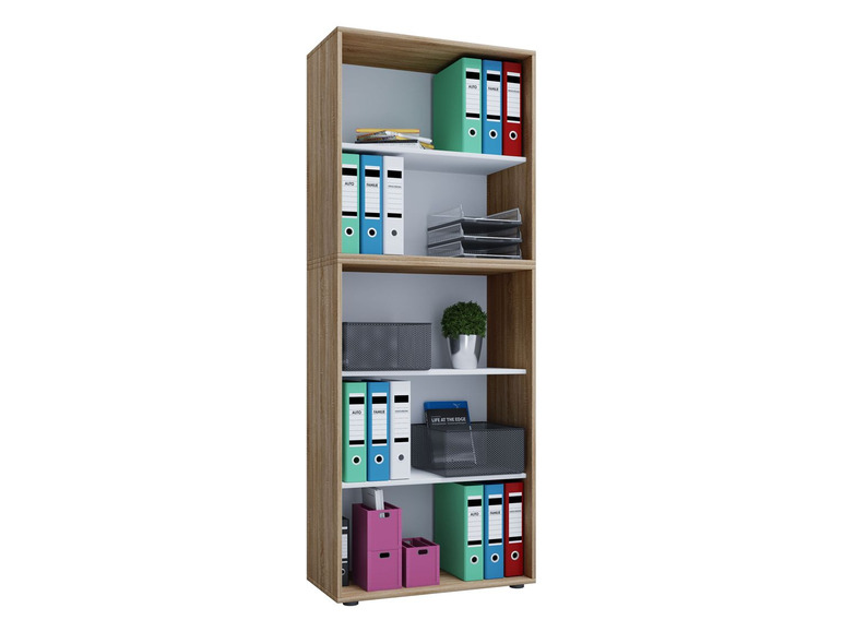 Een houten boekenkast met ringbinders, mapjes en andere kantoorbenodigdheden.