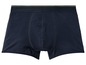 Een paar donkerblauwe boxershorts met een groene tailleband.