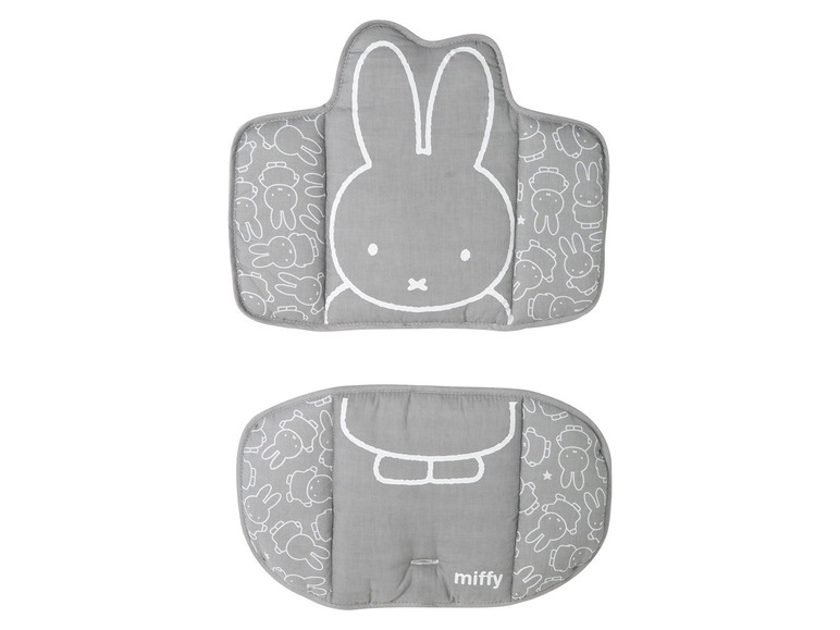 Twee grijze Miffy stoelbeschermers met konijnenprint.