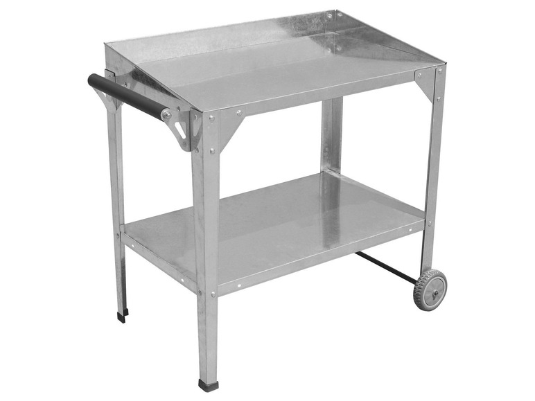 Een metalen werktafel met twee planken en wielen.