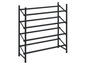 Zwart metalen schoenenrek met vijf planken.