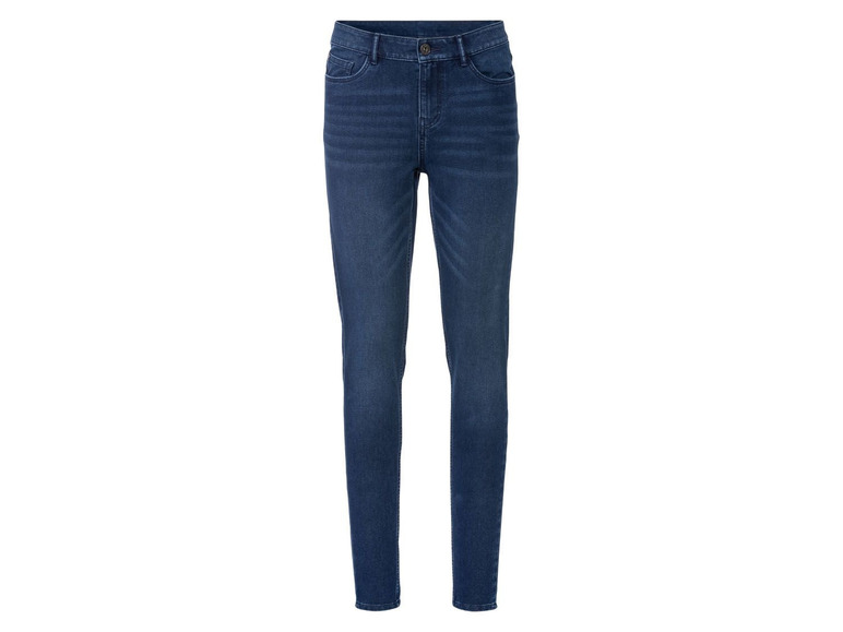 Donkerblauwe skinny jeans.