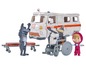 Masha en de Beer speelgoedfiguren met een ambulance, rolstoel en brancard.