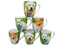 Zes koffiemokken met afbeeldingen van schattige puppy's.