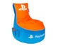 Een oranje en blauwe PlayStation beanbag met opslagvakken.