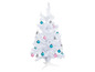 Een witte kerstboom met roze en blauwe kerstballen.