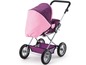 Een roze en paarse kinderwagen voor poppen.