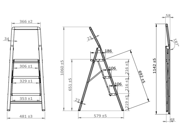Technische tekening van een opvouwbare trap met drie treden.