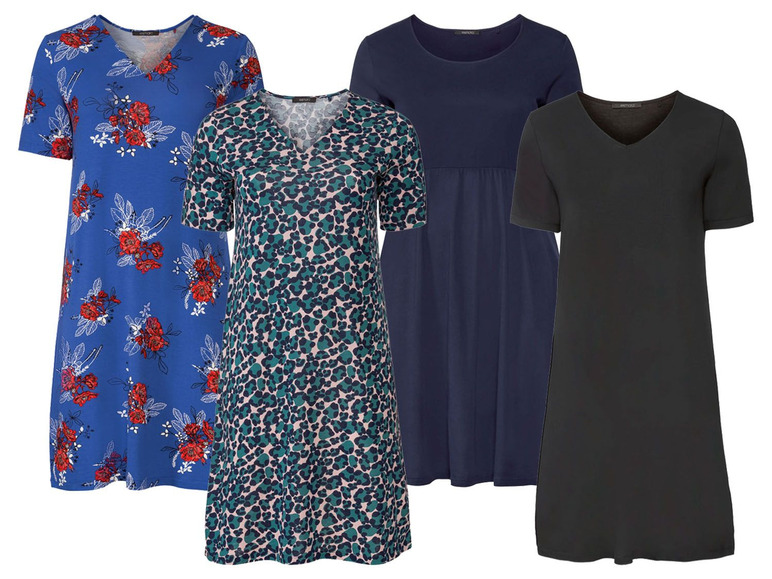 Vier jurken met korte mouwen: een bloemenprint, een luipaardprint, een donkerblauwe en een zwarte.