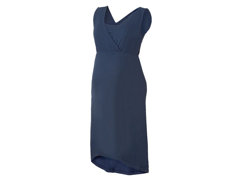 Een donkerblauwe zwangerschapsjurk met een wikkeldetail.