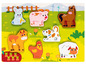 Houten puzzel met boerderijdieren, waaronder een koe, een paard, een varken en een schaap.