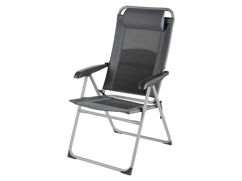 Een grijze, opvouwbare campingstoel met een hoofdsteun.