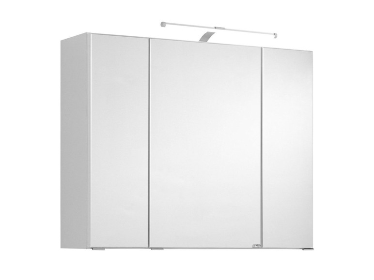 Een witte badkamerkast met spiegeldeuren en geïntegreerde verlichting.