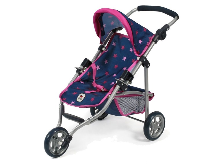 Een roze en blauwe Chicco kinderwagen met sterrenprint.