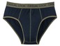 Een donkerblauwe onderbroek met groene rand en 'Casual Look' opschrift.
