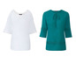 Twee damesblouses met kant: een witte met open schouders en een turquoise met strik.