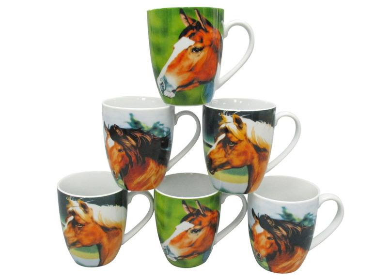 Zes witte mokken met paardenprint.