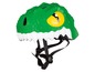 Een groene dinosaurus helm met een gele oog.