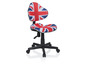 Een zwarte bureaustoel met een rode, witte en blauwe Union Jack-print.