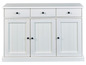 Witte dressoir met drie laden en drie deuren.