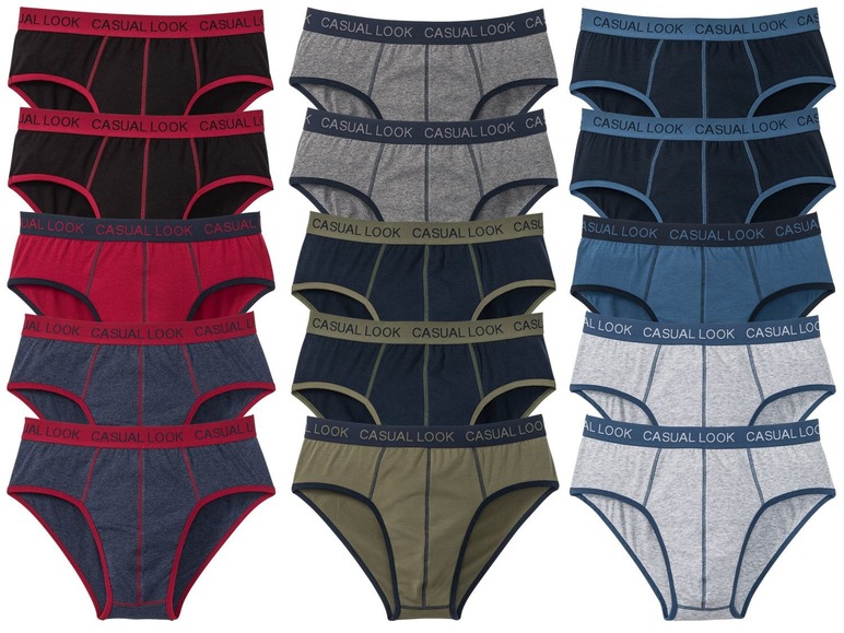 Een set van zes herenonderbroeken in verschillende kleuren.