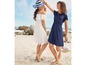 Twee vrouwen in witte en blauwe zomerjurken op het strand.