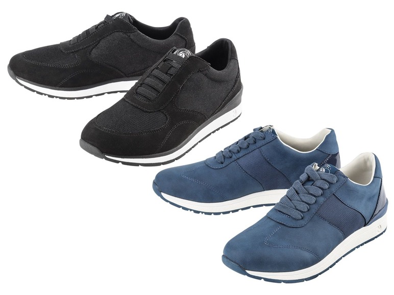 Twee paar casual sneakers, een zwart paar en een blauw paar.