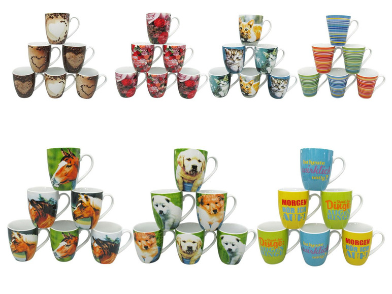 Stapel koffiemokken met verschillende afbeeldingen, waaronder dieren, bloemen en inspirerende teksten.