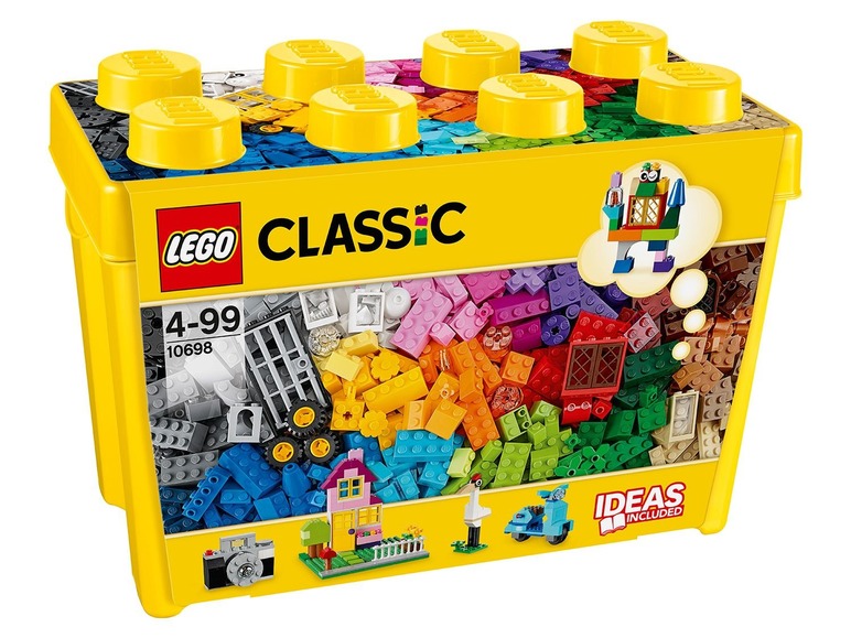Een gele LEGO Classic doos met kleurrijke LEGO stenen en ideeën voor kleine bouwwerken.