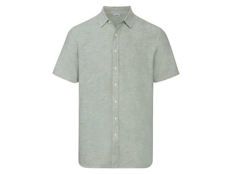 Een lichtgroen linnen overhemd met korte mouwen van het merk L'Estrange.