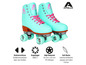 Blauwe Apollo quad skates met roze veters en ABEC 7 kogellagers.