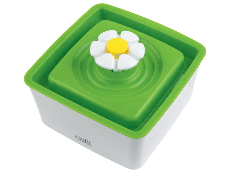 Een groene waterfontein voor katten van Catit met een bloemvormig ontwerp.