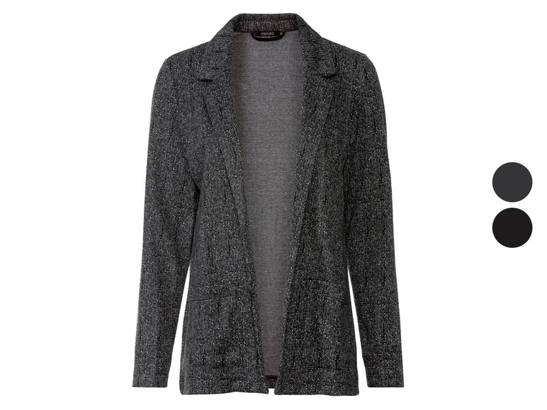 Een grijs glitterjack met lange mouwen.