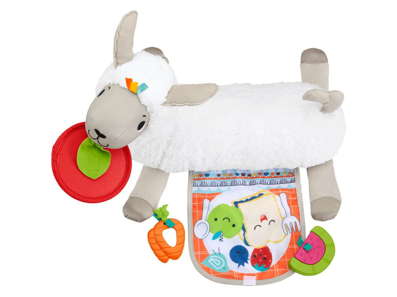 Een pluche schaap met activiteiten voor baby's, inclusief een bord met eten.