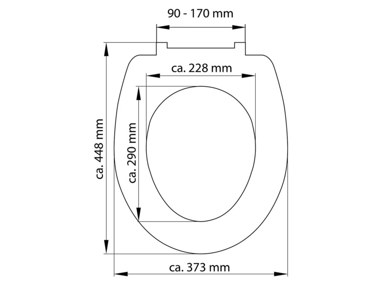 Afmetingen van een toiletbril met een diameter van ongeveer 373 mm.