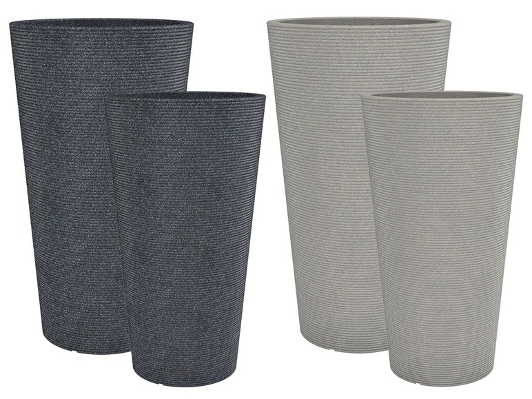 Twee sets van ronde, grijs en zwart getextureerde plantenpotten.