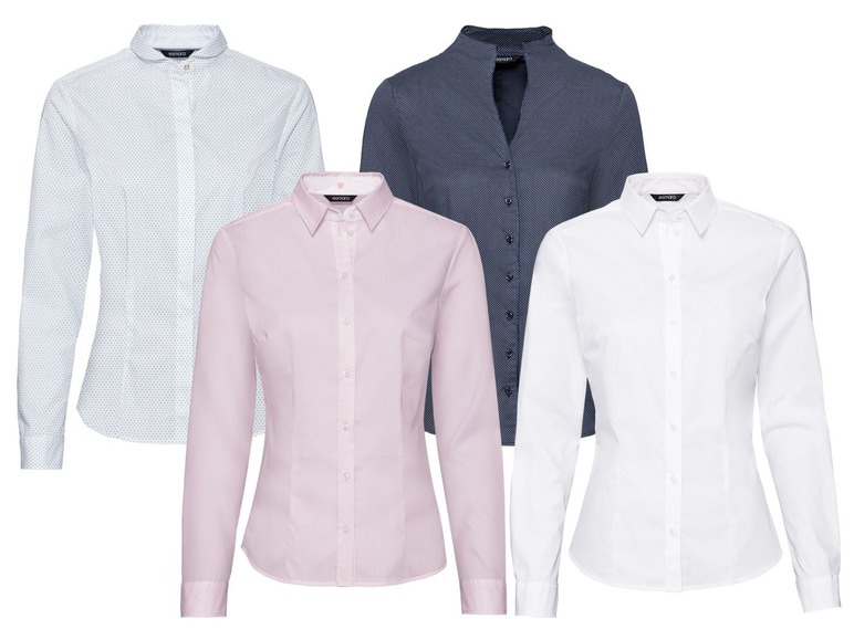 Vier Esmara blouses met lange mouwen in wit, roze, blauw en wit met stippen.
