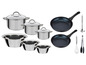 Een set met kookpannen, braadpannen en kommen