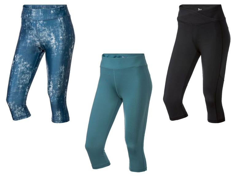 Drie capri leggings in verschillende kleuren en patronen.