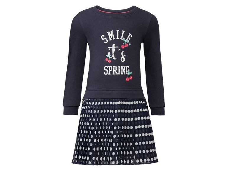 Donkerblauwe jurk met witte stippen en de tekst 'Smile, it's spring'