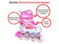 Witte inline skates met roze accenten, met klittenband, gesp en veters.