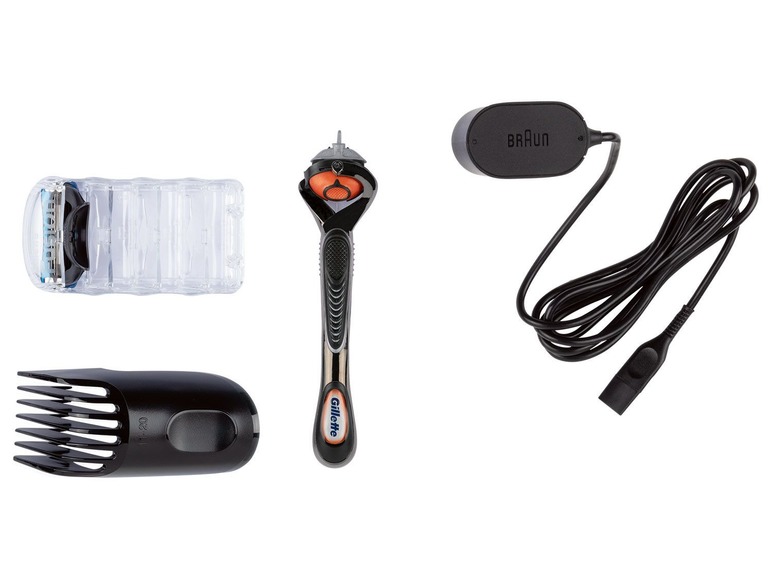Gillette scheermes, scheermeshouder, Braun oplader en een trimkapje