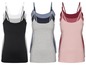 Drie paar tanktops in zwart, grijs en roze.