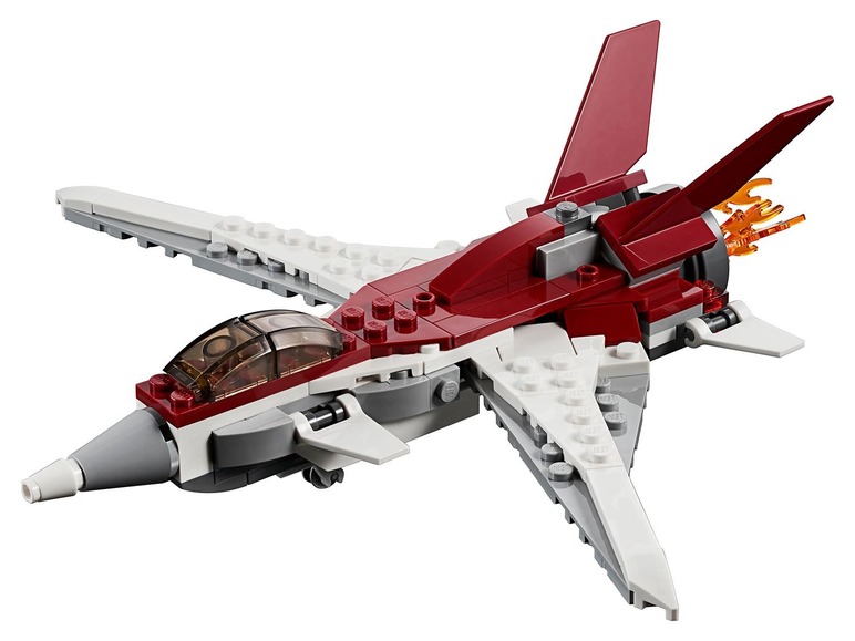 Een rood en wit Lego vliegtuig met een cockpit.