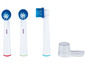 Drie elektrische tandenborstelkoppen en een opzetstuk voor monddouche.