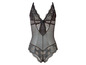 Een zwarte lingerie body met kant en een strik.