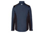 Een donkerblauwe softshell jas met zwarte details.