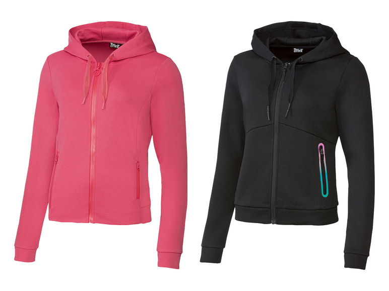 Twee Crivit hoodies met capuchon en rits, een roze en een zwarte.